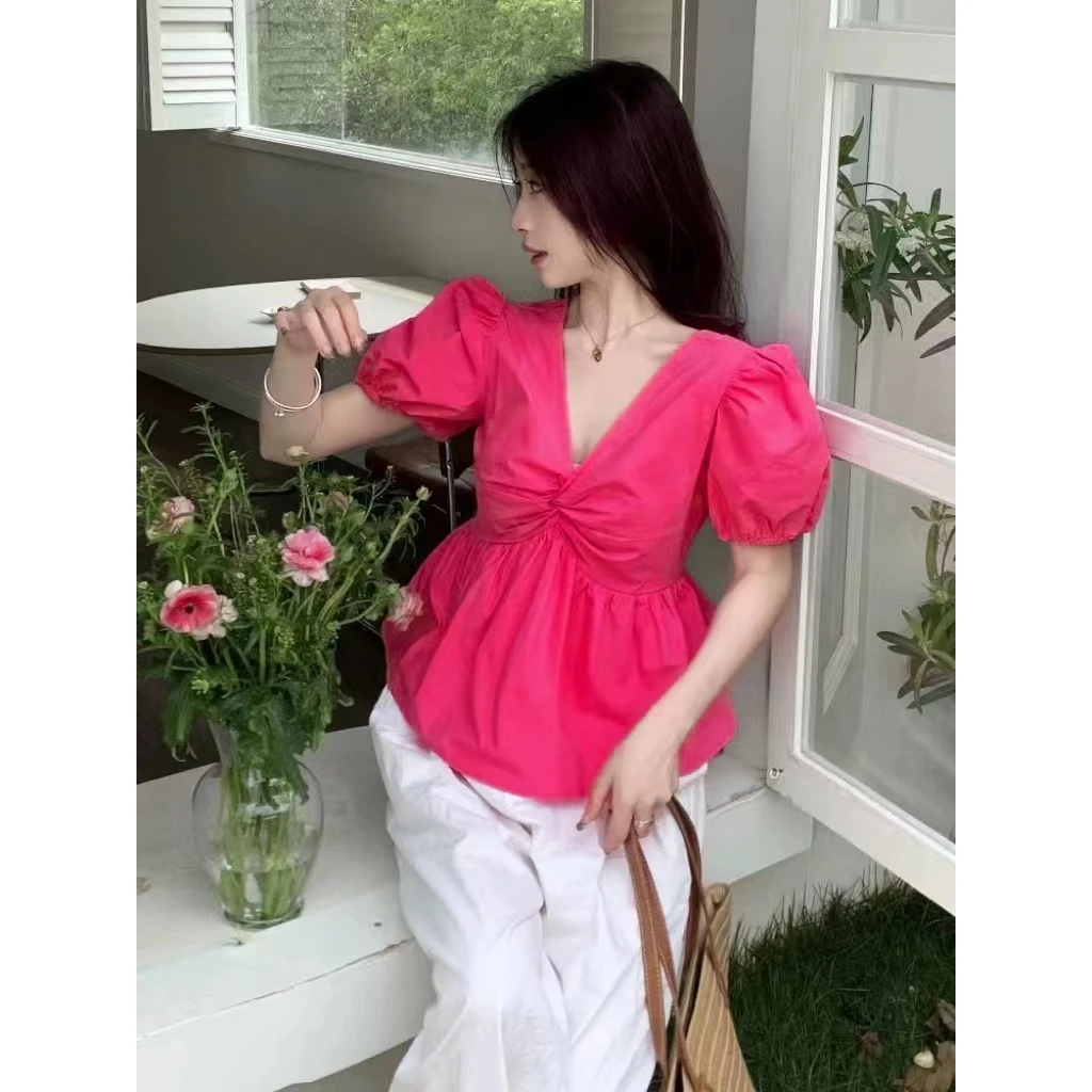 可可儿家V领扭结泡泡袖衬衫宽松显瘦短款上衣20275