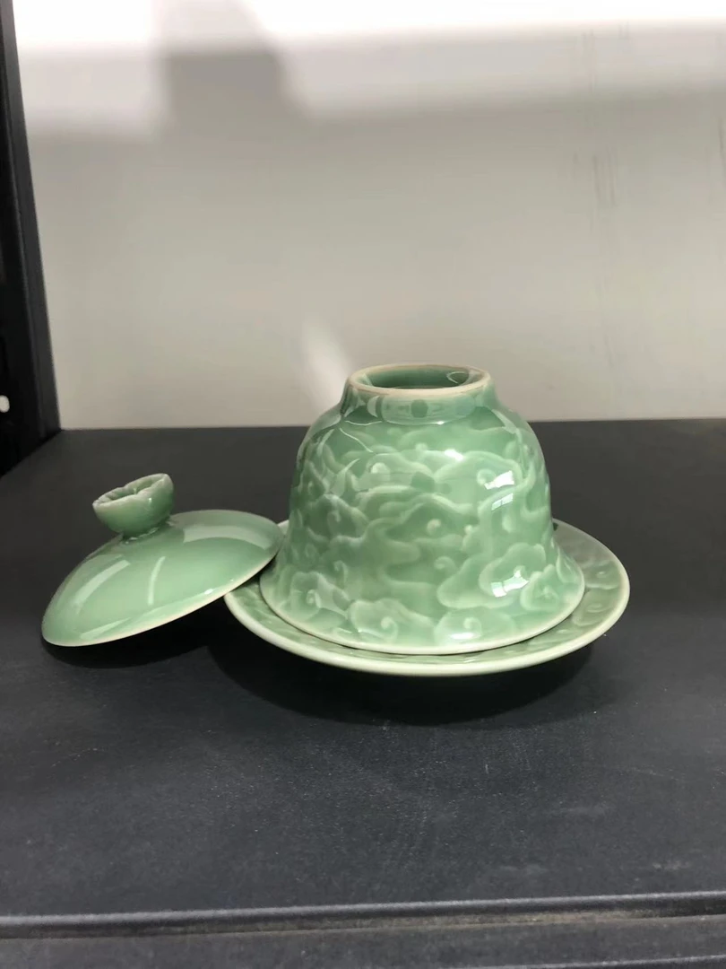 梅子青手工精修祥云三才盖碗/微瑕/带手签底款