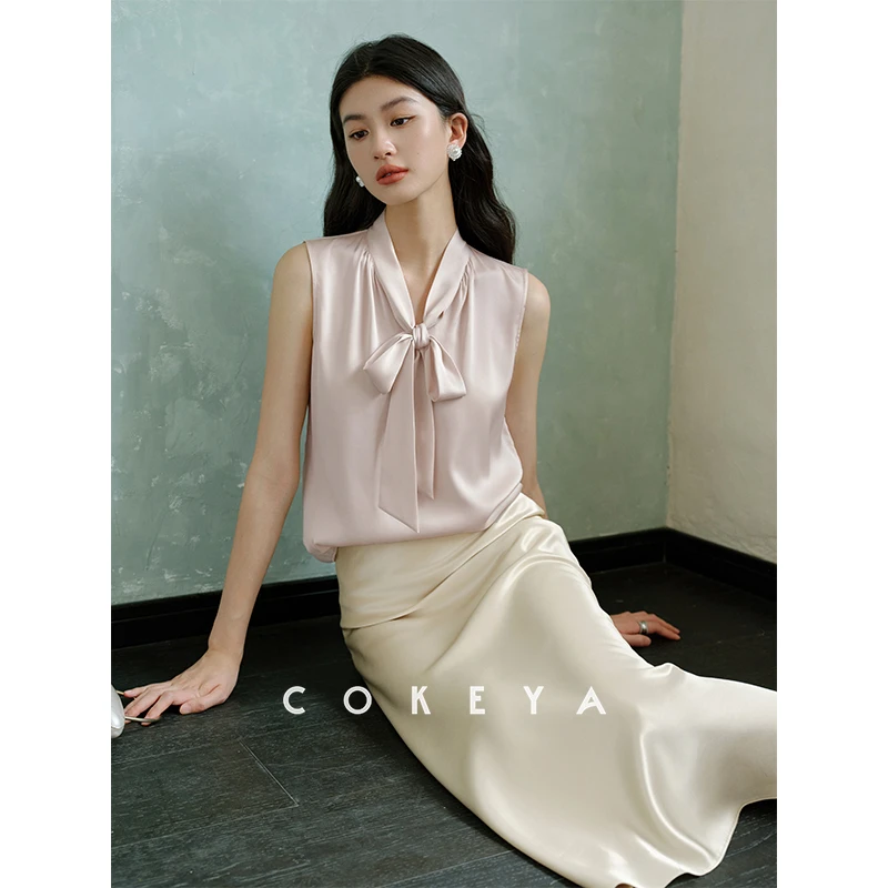 COKEYA/静奢格调重磅定纺19姆米桑蚕丝飘带背心无袖衬衫EWB2LY160