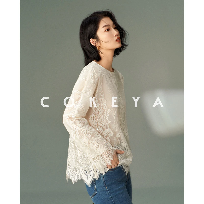COKEYA/法式精致~重工定位蕾丝上衣女花边休闲长袖衬衣ENB1LH458