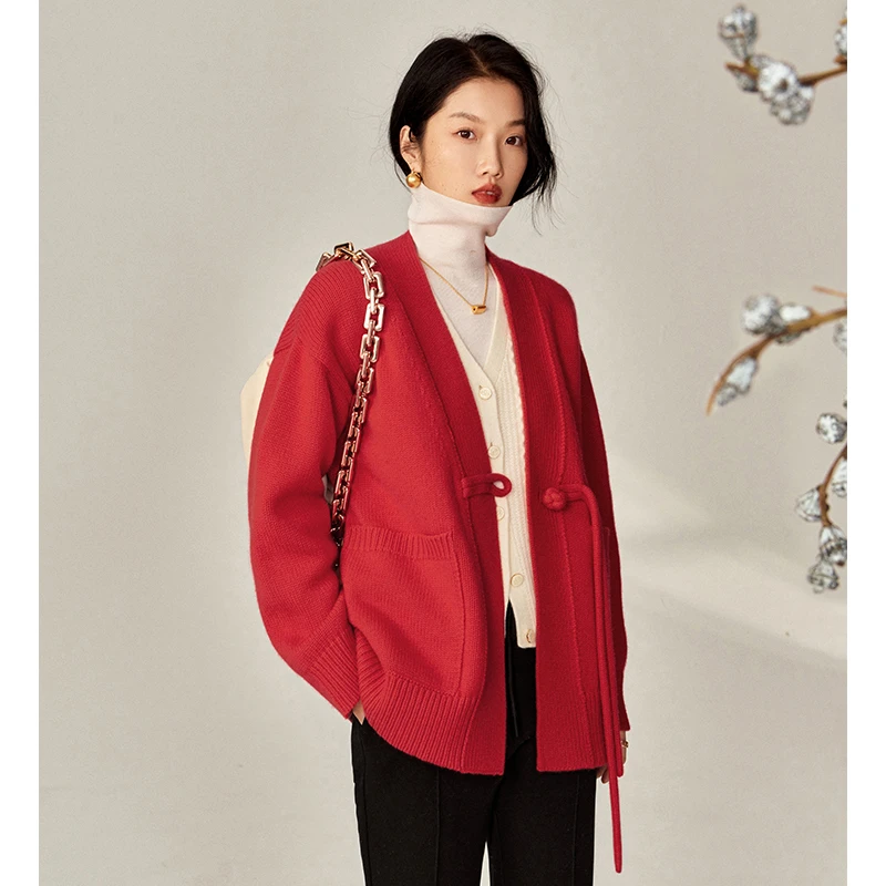 COKEYA/新年氛围臻选~内蒙古罕山白绒澳毛新中式红色毛衣开衫外套