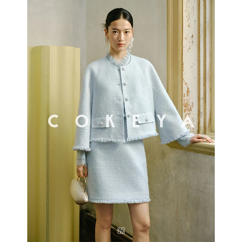 COKEYA/春日马卡龙~幻彩格纹粗花呢外套女流苏半裙套装