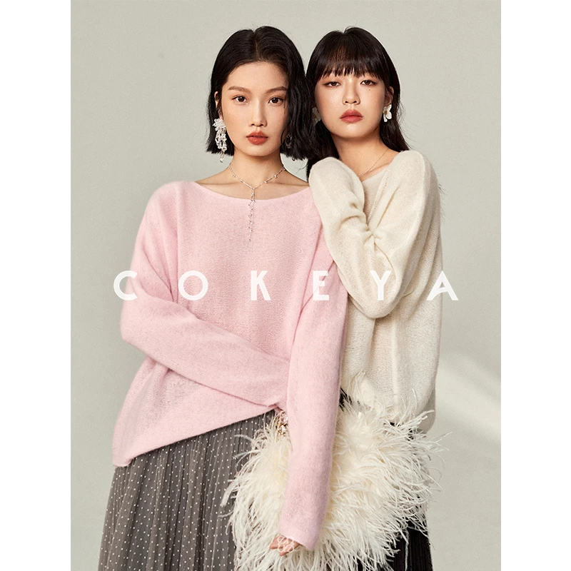 COKEYA/云朵纸片人~I00%内蒙古羊绒一字船领轻盈透视慵懒针织毛衣