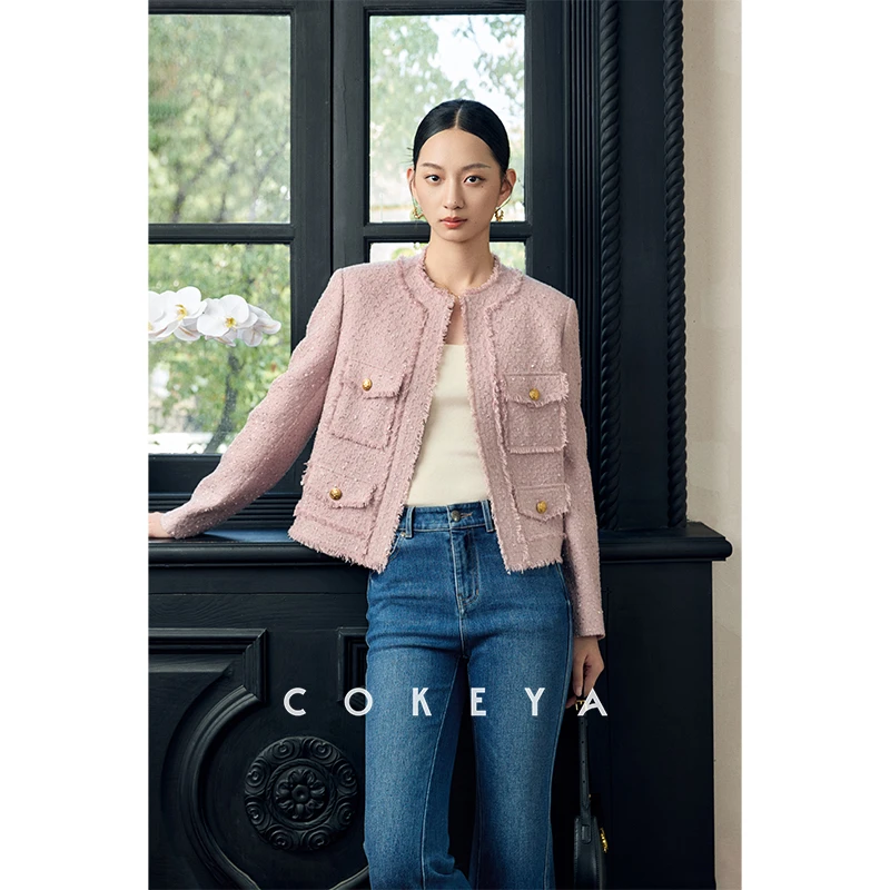 COKEYA/月河星纱重磅织花纱粗花呢长袖短款早小香风外套ENB3EZ855