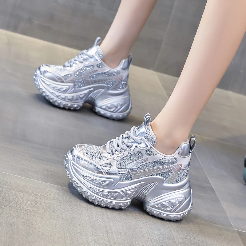 艾格鸟增高10cm银色老爹鞋女2025春新款水钻休闲鞋厚底内增高女鞋