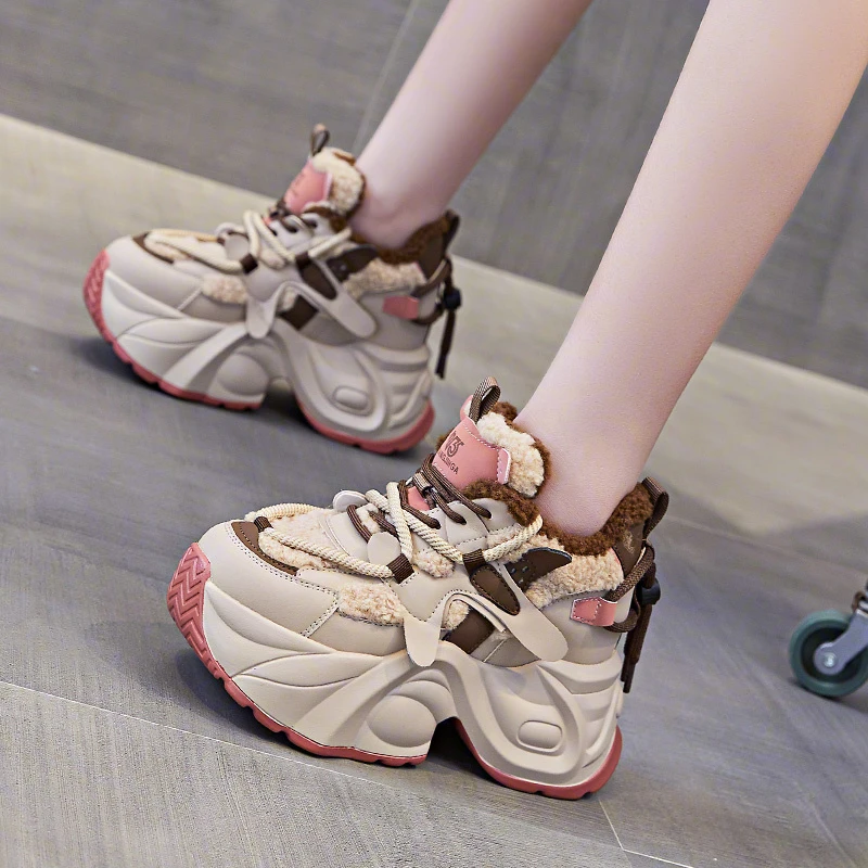 增高9cm显脚小老爹鞋女2025新款加绒保暖棉鞋厚底内增高女鞋