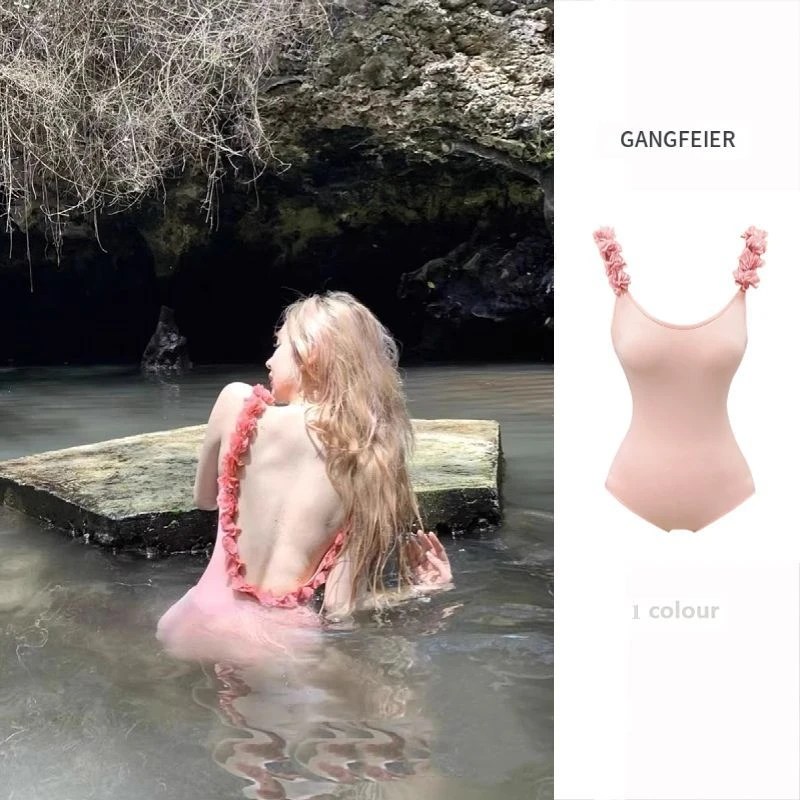 NiceGirl立体花朵吊带泳衣女修身甜辣连体泳衣女纯欲风泡温泉超仙