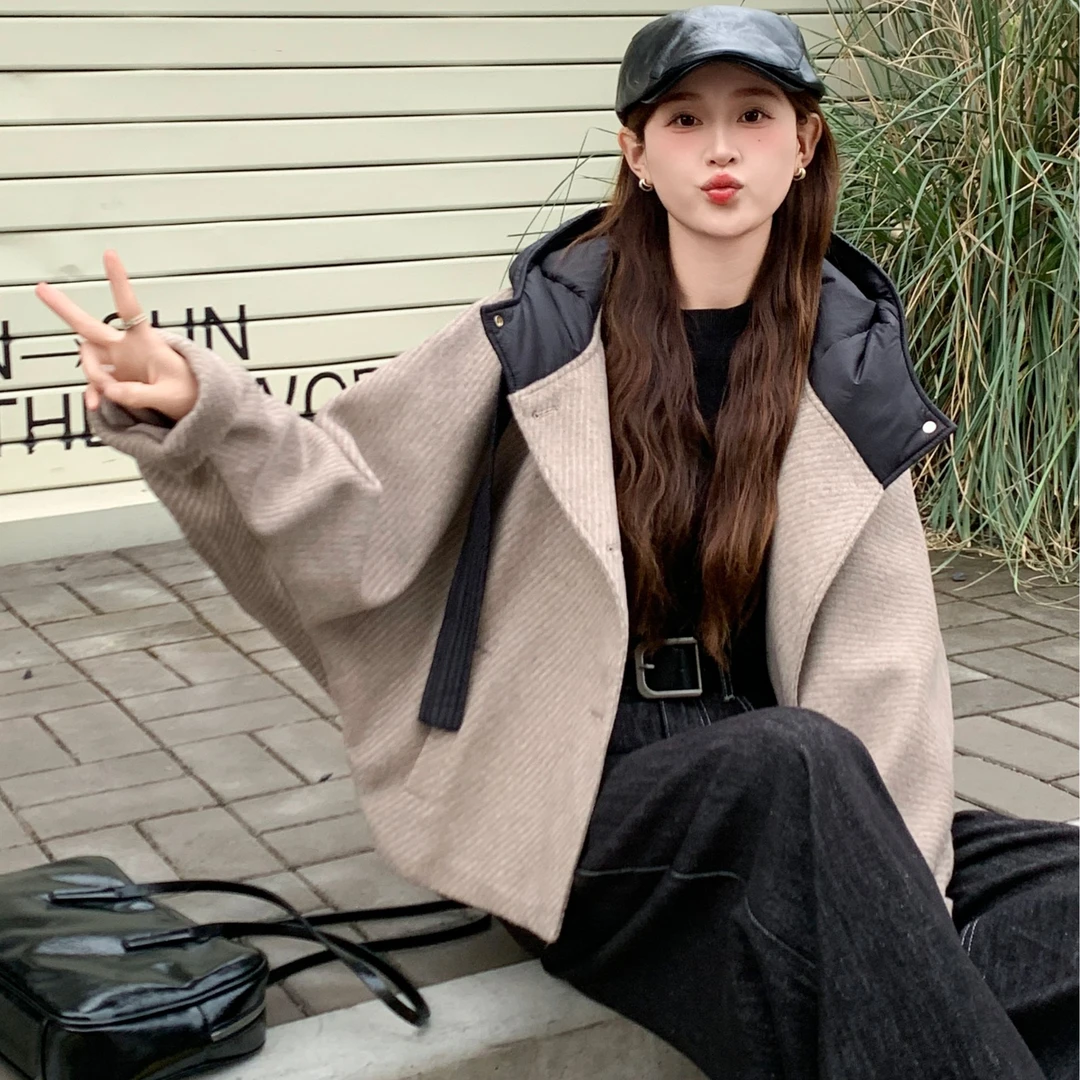木锦浮光2024冬季新款撞色连帽羊绒大衣韩版宽松蝙蝠袖羊毛外套