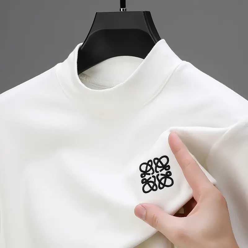 高端德绒男士简约打底长袖T恤衫双面绒半高领时尚纯色秋冬内搭