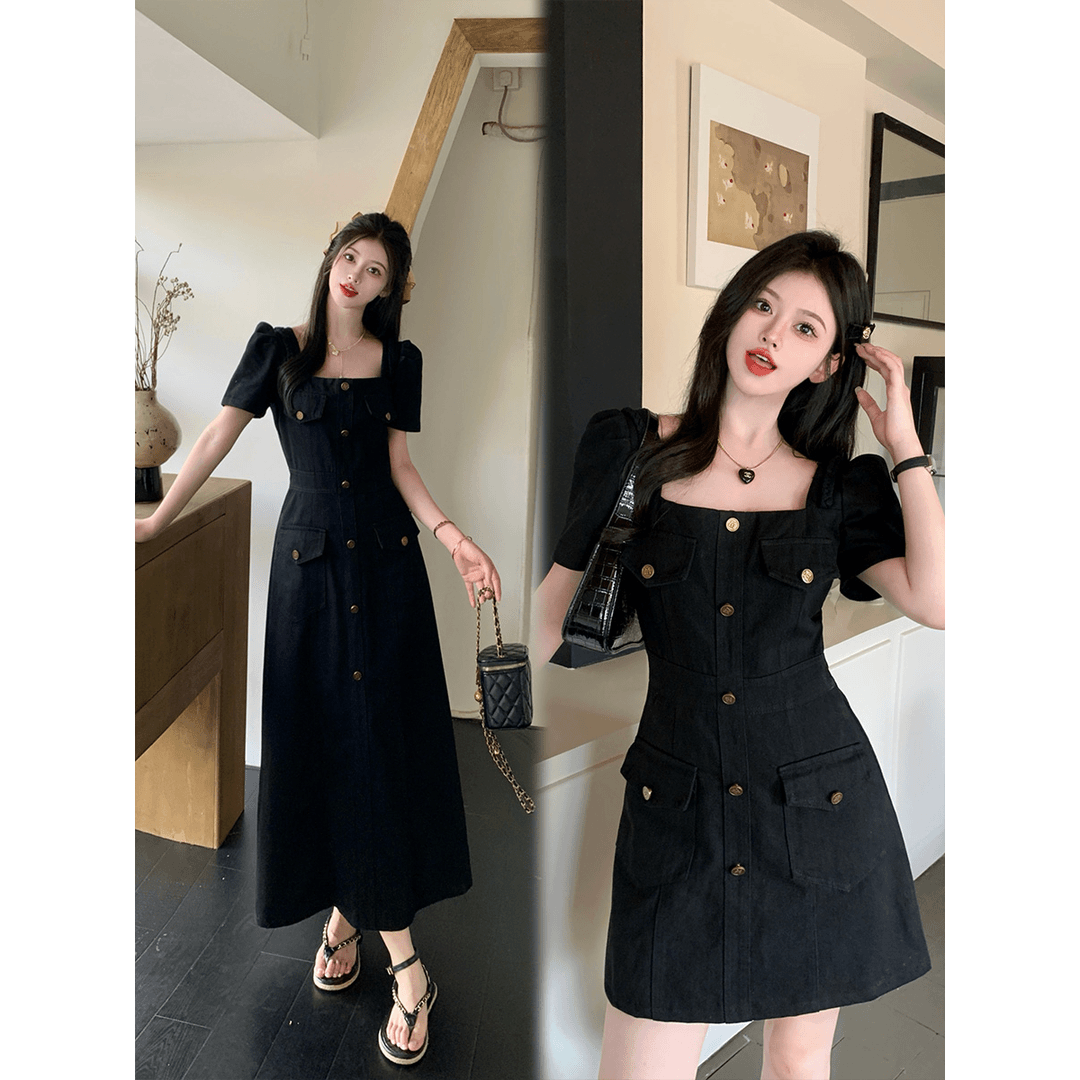 大码女装气质翻领口袋牛仔时尚连衣裙胖MM藏肉黑色显瘦牛仔裙女