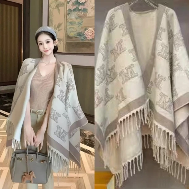 【90%水洗标棉羊毛】秋冬包边斗篷简约加厚保暖流苏披肩