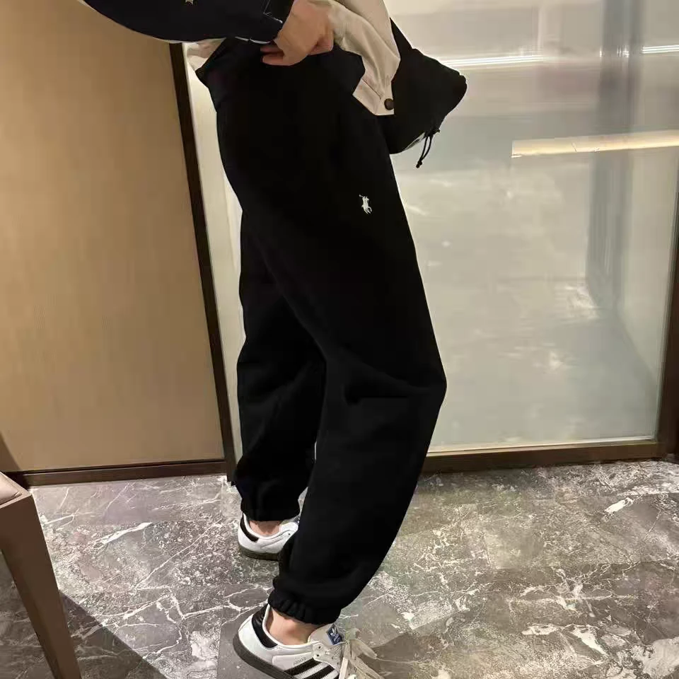 冬款加绒加厚小马刺绣卫裤女宽松休闲束脚裤保暖长裤