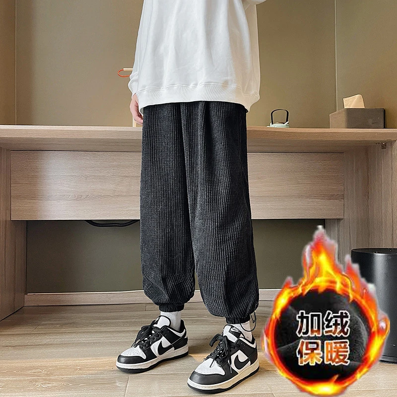 冬装加绒加厚休闲裤灯芯绒阔腿裤复古宽松哈伦束脚裤男潮牌灯笼裤