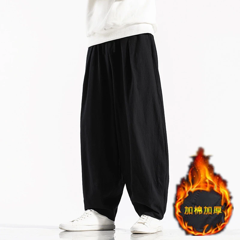 冬季加棉加厚棉裤休闲保暖裤夹棉宽松阔腿裤男棉麻复古灯笼裤长裤