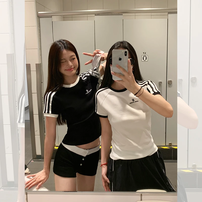 宋正恩正肩黑色短袖t恤女夏季修身显瘦辣妹原创设计体恤上衣AA078