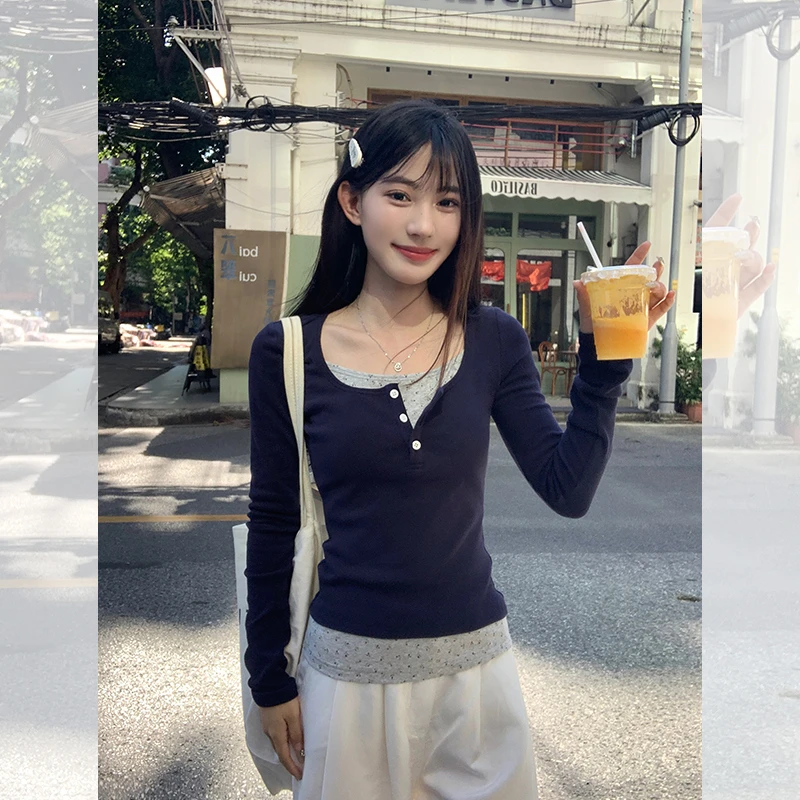 宋正恩藏蓝U领假两件长袖t恤女BM风修身韩版别致辣妹上衣ZE6407