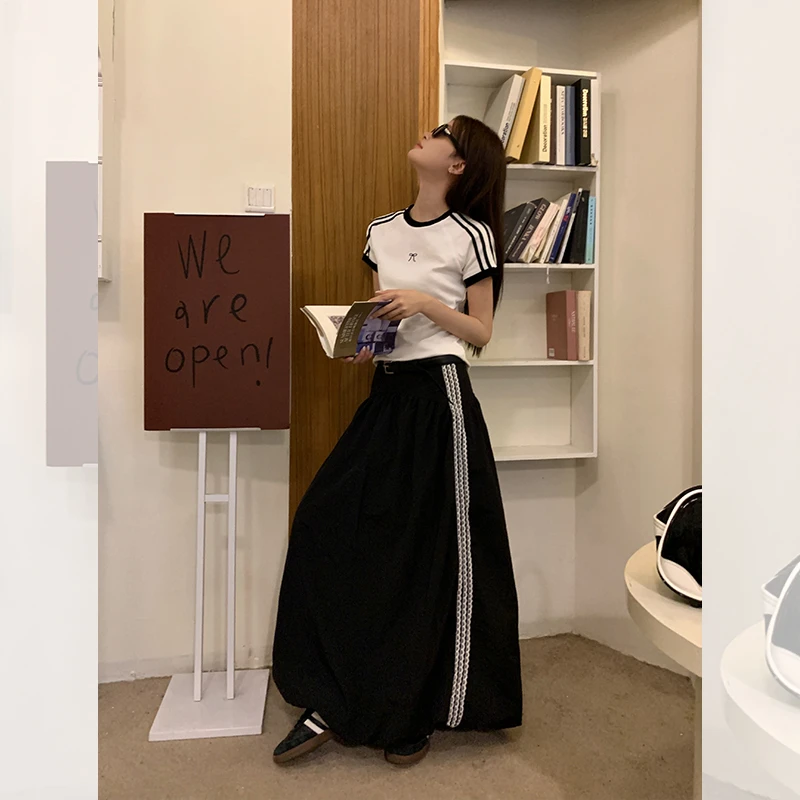 宋正恩黑色花边条纹半身裙女时尚新款宽松高腰A字长裙子AAS189