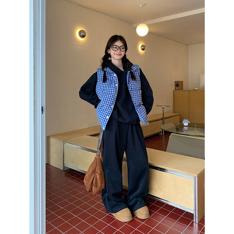 宋正恩藏蓝色宽松连帽卫衣套装女秋冬简约休闲慵懒风两件套