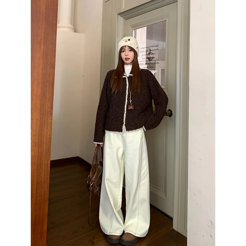 宋正恩宽松直筒加绒牛仔裤女高腰显瘦阔腿裤加厚百搭长裤ST730