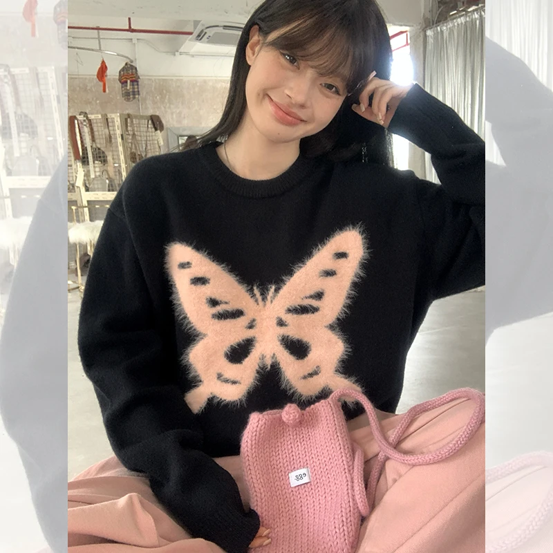 宋正恩甜辣蝴蝶宽松黑色毛衣女秋季圆领高级慵懒上衣外套ZE6583