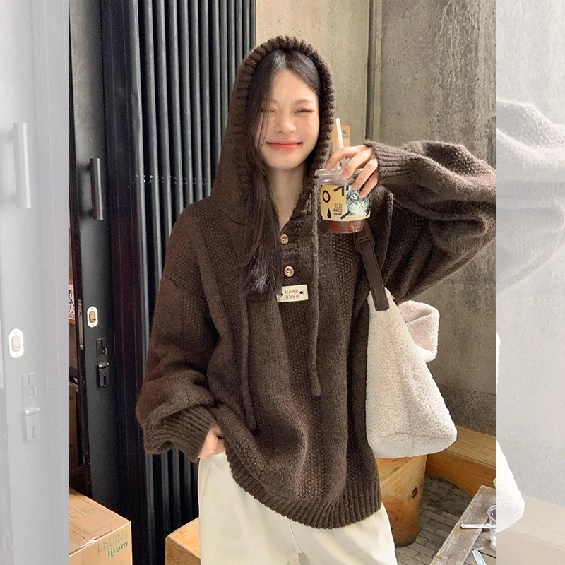 宋正恩咖色连帽毛衣女慵懒风美拉德穿搭宽松外套针织衫AA676907