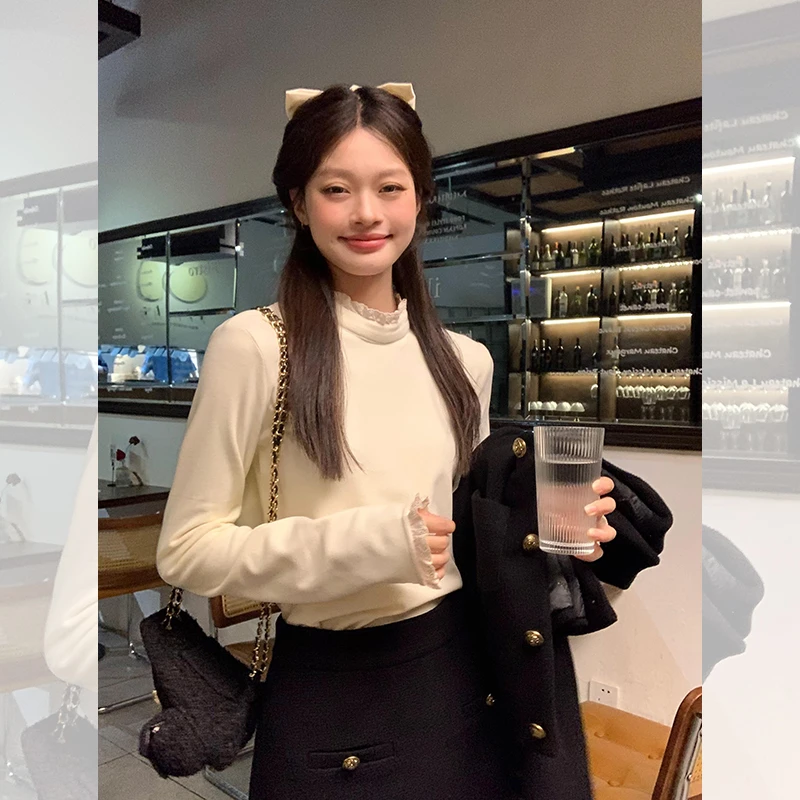 宋正恩半高领长袖T恤女纯色花边修身德绒打底衫蕾丝内搭上衣JM044