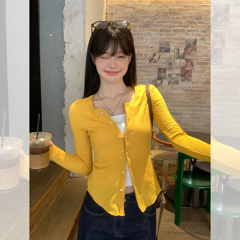 宋正恩黄色针织开衫外套女秋季新款修身显瘦防晒长袖外搭高级上衣