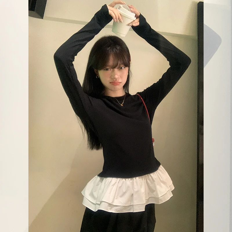 宋正恩芭蕾风下花边拼接长袖t恤女黑色修身秋季显瘦上衣ZE6460