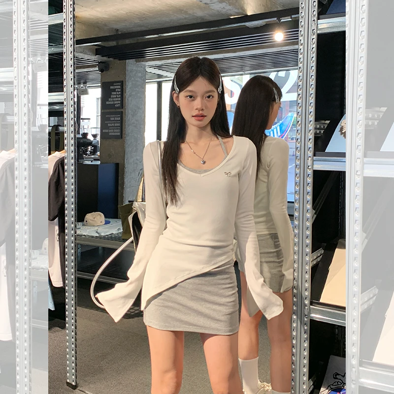 宋正恩V领白色防晒罩衫女轻薄不规则叠穿长袖AA8776