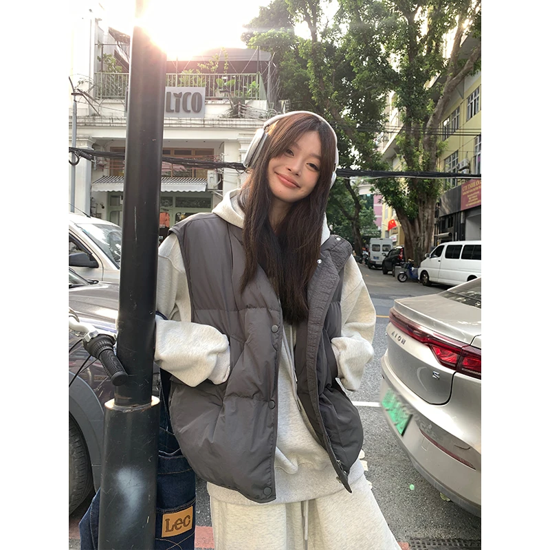 宋正恩灰色马甲女冬季背心坎肩马夹洋气高级时尚棉服外套上衣