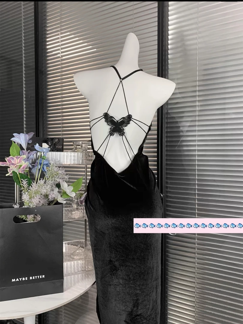 【午夜】丝绒秋冬睡裙长裙有垫蝴蝶美背