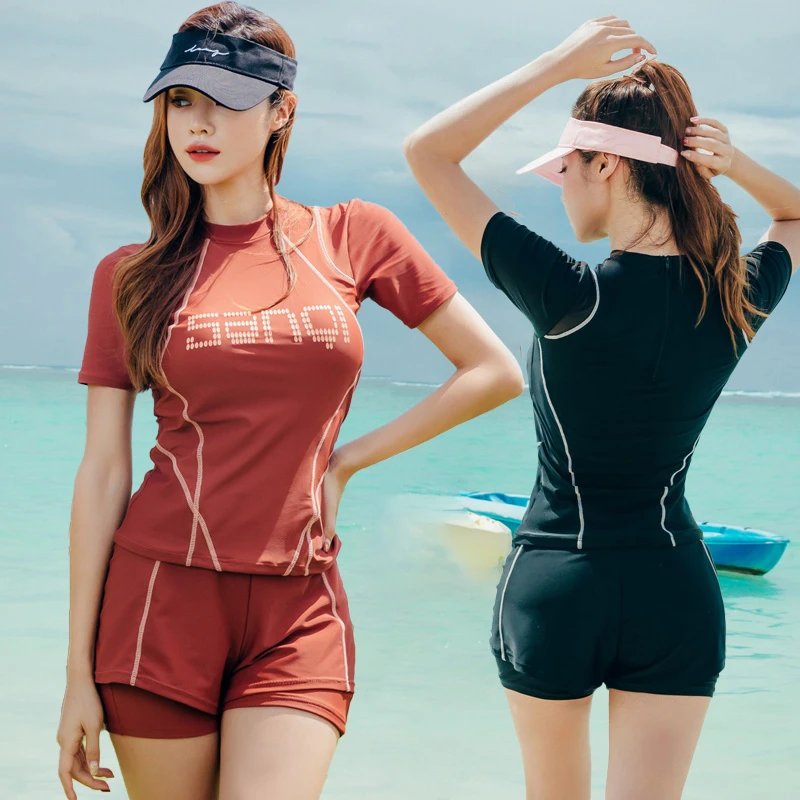 三奇新款泳衣女款高端显瘦大码保守分体平角两件套运动温泉游泳衣