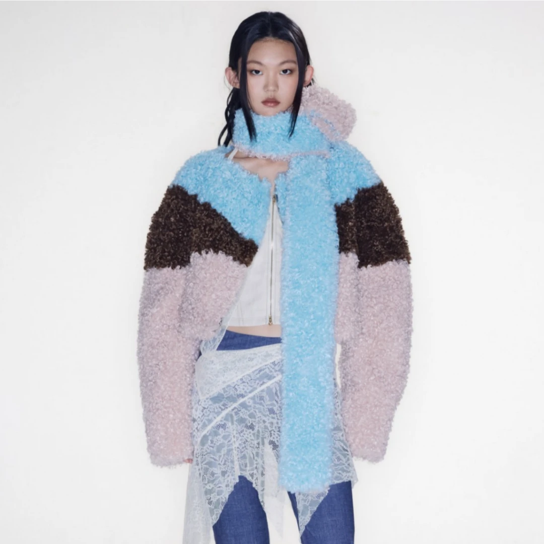 【LOCAT】sultry virgin 环保羊卷毛拼接一字肩廓形短棉衣(配围巾)