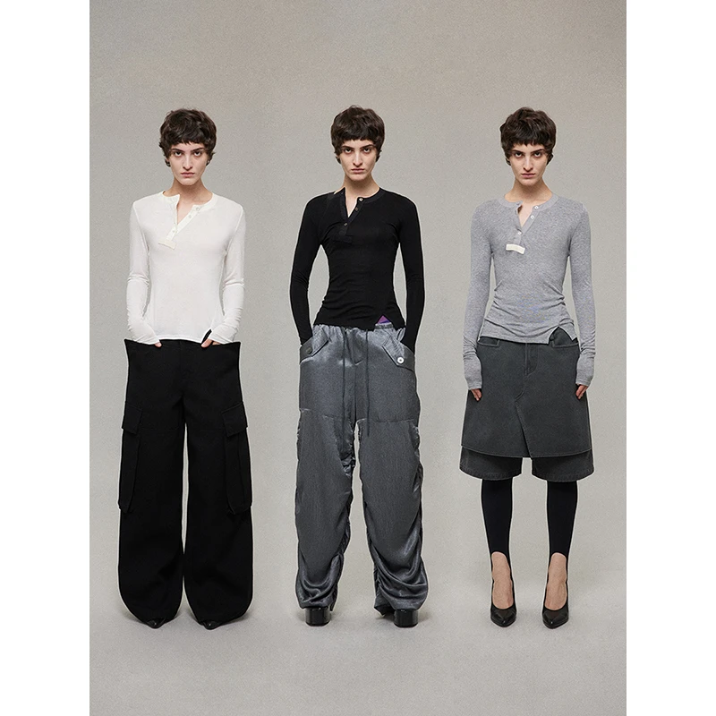 【LOCAT】Sample Study Symp  倾斜亨利领小衩长袖打底T恤