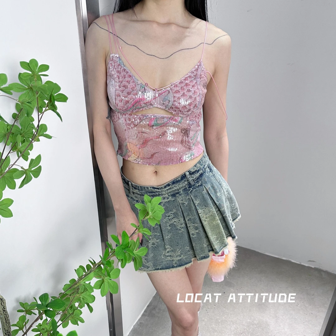 【LOCAT】 LUCENCY 粉龙印花珠片吊带短上衣 LUC022