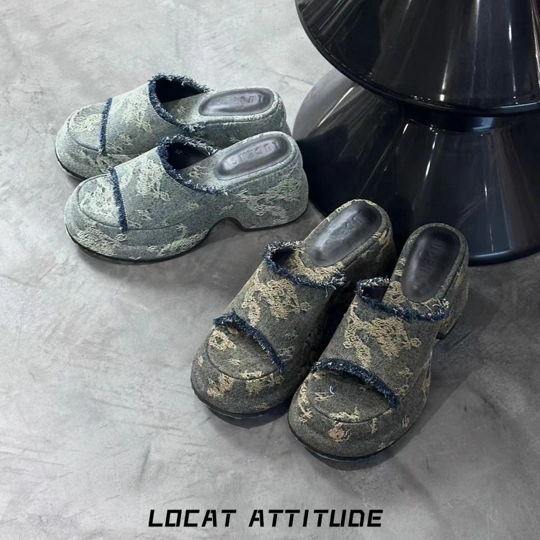 【LOCAT】 lucency 水洗龙纹提花牛仔厚底拖鞋 LUC003