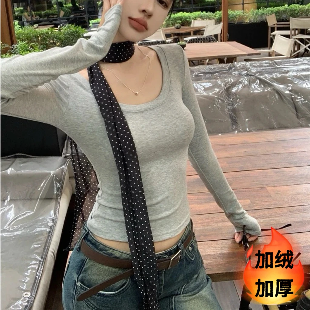 （配丝巾）纯欲风辣妹圆领加绒长袖T恤女豹纹设计感保暖打底衫上衣