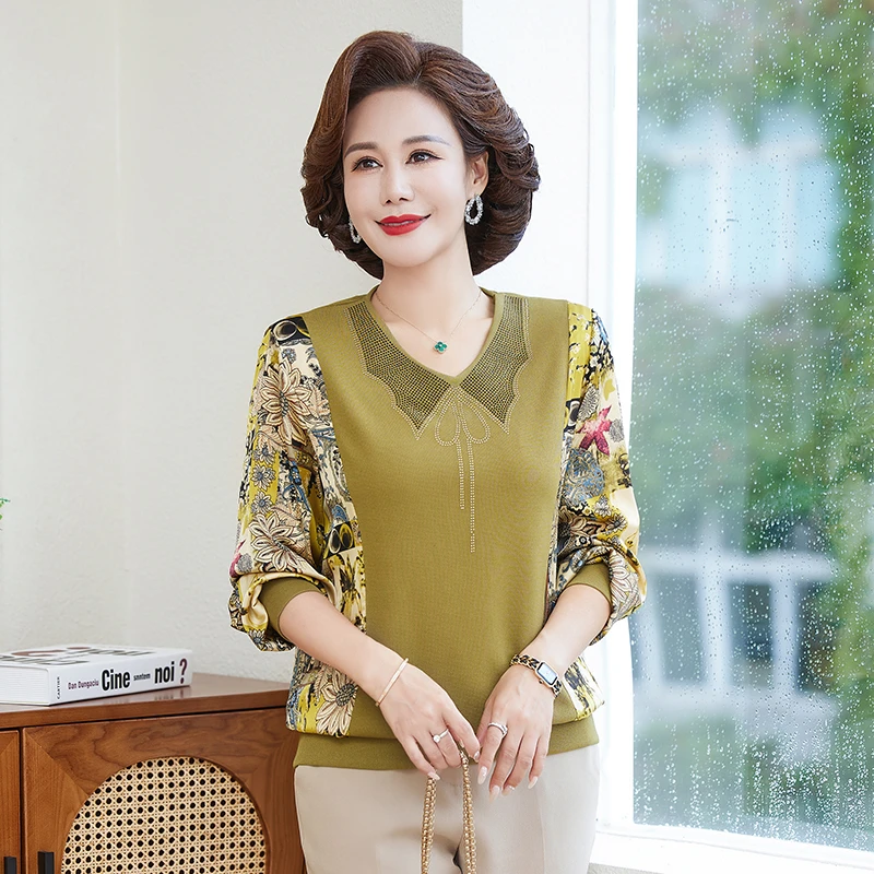 中老年春秋装长袖气质洋气小衫妈妈装时尚宽松打底衫针织衫上衣