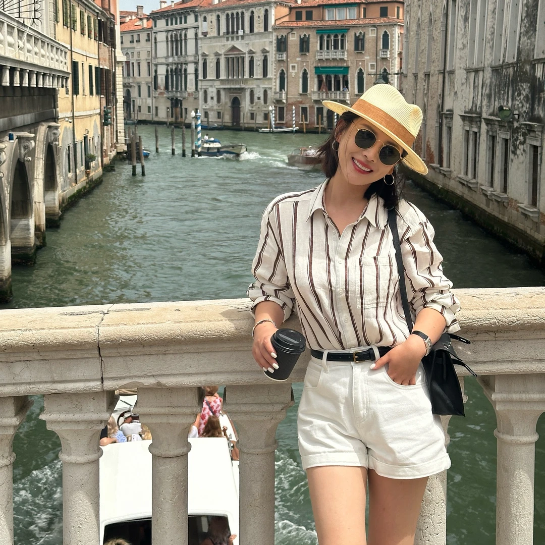 DIDI LAUREN“布里斯托”经典款奶咖撞色亚麻条纹衬衫