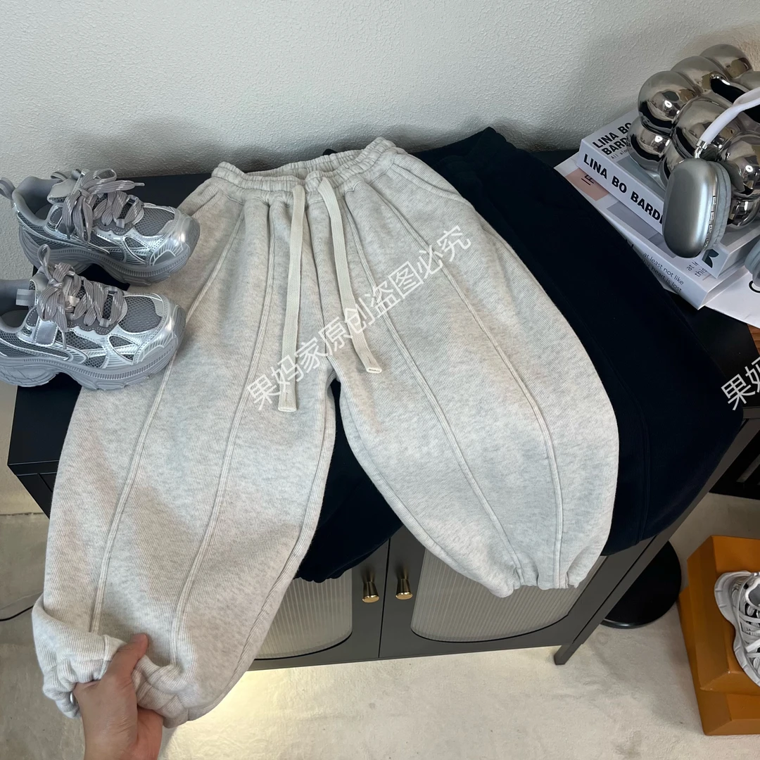 儿童裤子加绒秋冬季百搭男女童韩版中大童休闲裤加厚宽松束脚卫裤