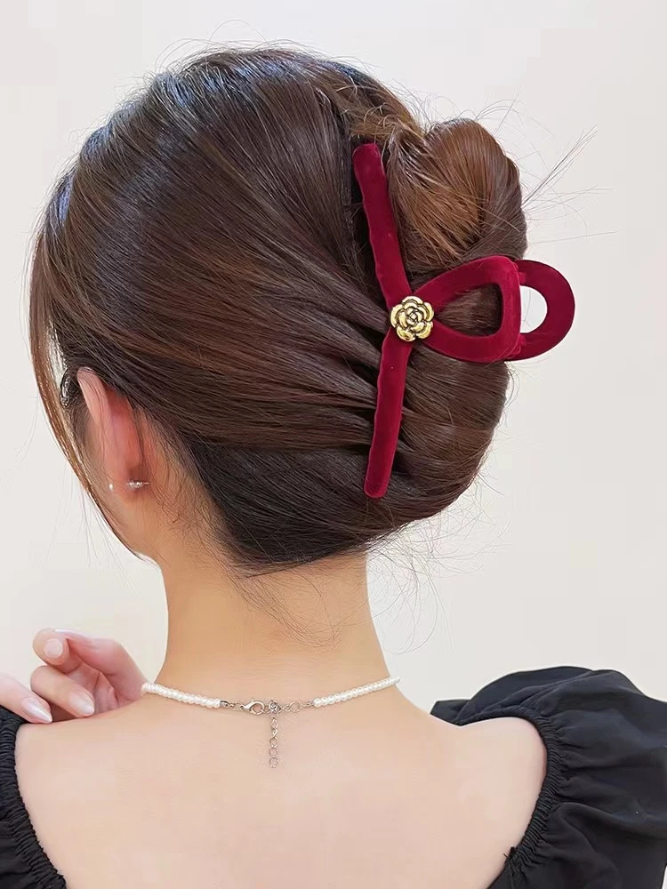 红色丝绒13cm大抓夹过年必备2024秋冬新款后脑勺鲨鱼气质发饰6611