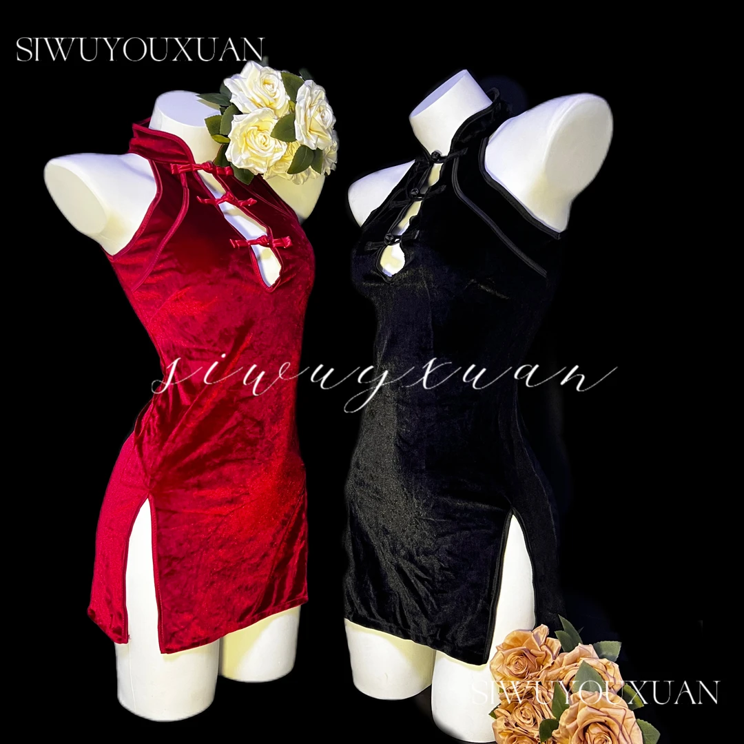 【风情万种】性感旗袍式开叉短丝绒小心机时尚无袖秋冬新款睡裙女