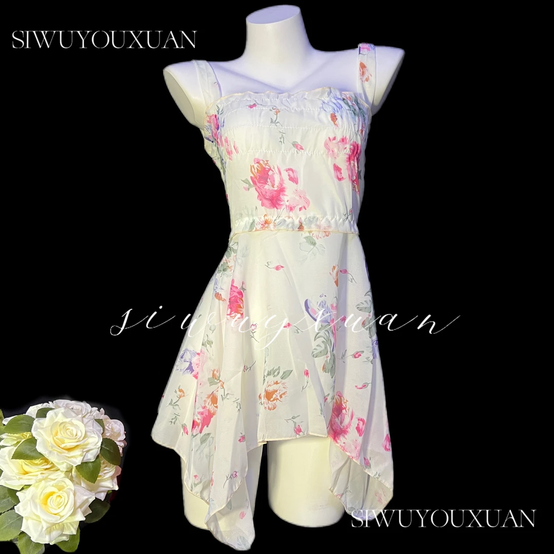 【私物】碎花初恋  显瘦纯居家风垂坠欲少女裙性感不规则网纱睡裙