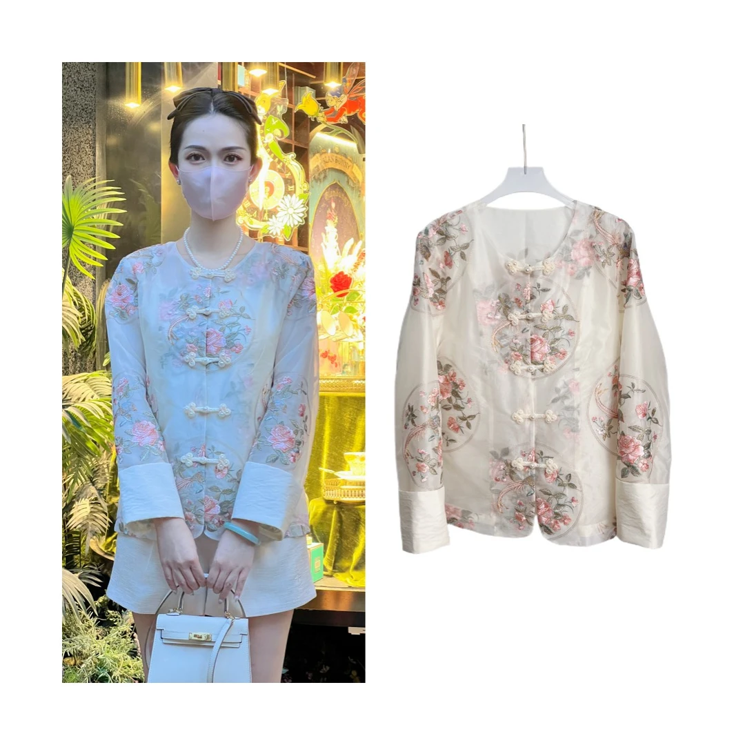 【莹莹家】花好月圆时！新中式国风盘扣刺绣圆领夏季薄款外套长袖