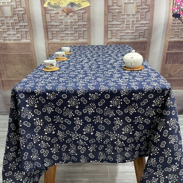 中国风蓝色印花布小碎花桌布棉麻青花布艺中式餐桌茶几台布长方形