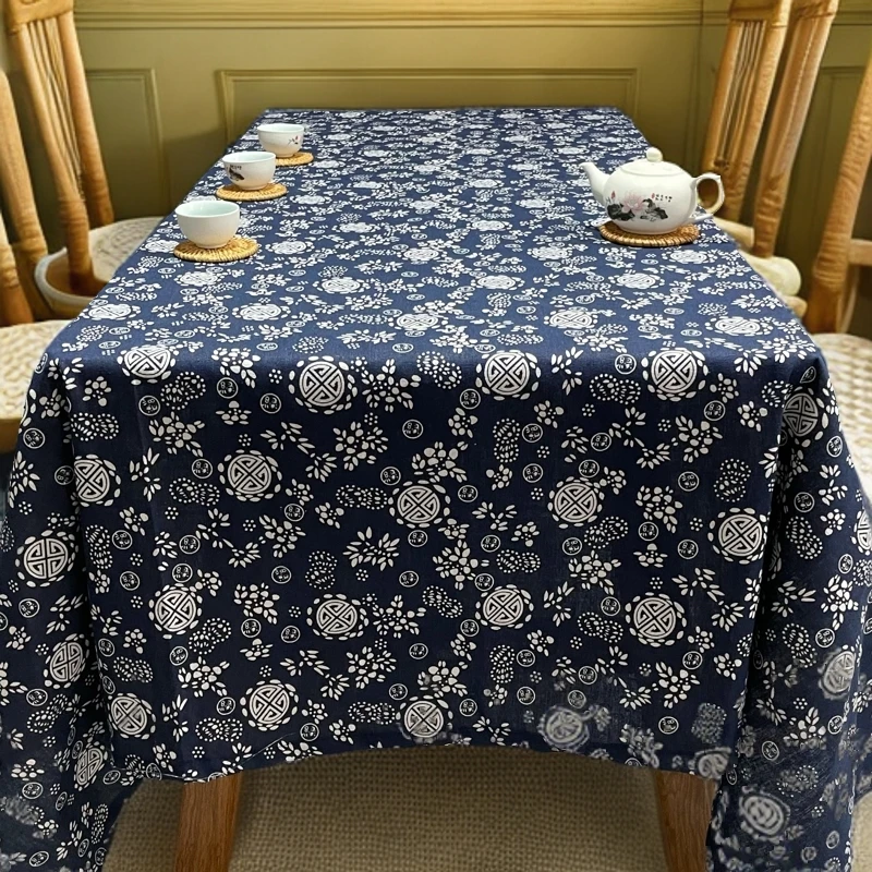 复古民族风蓝印花桌布长方形青花瓷棉麻餐桌茶几布碎花美式小清新