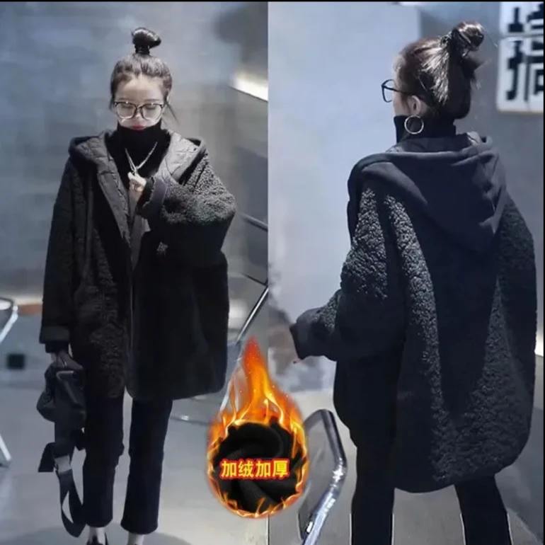 加绒加厚棉衣棉服女2025冬季新款中长款韩版宽松加棉连帽棉袄外套