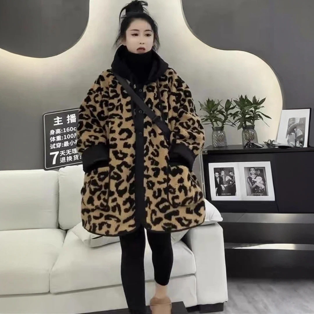 欧洲爆款豹纹仿羊羔外套冬韩版新款宽松保暖夹克休闲连帽中长棉服