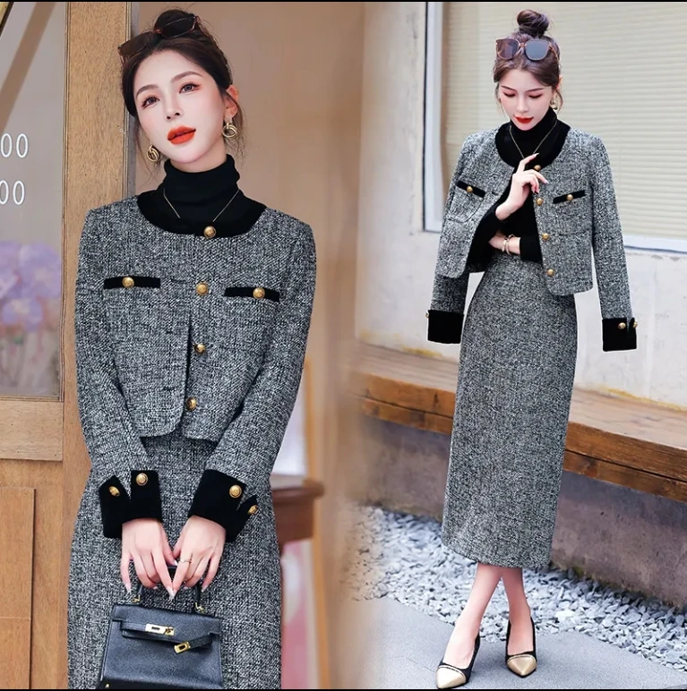 小香风外套半身裙两件套女秋冬季2025新款气质女神范过膝长裙套装