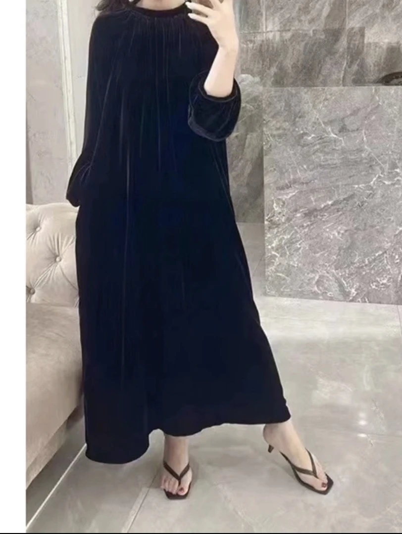 【C·Ting】真丝桑丝绒长袖连衣裙秋冬显瘦黑色轻奢气质